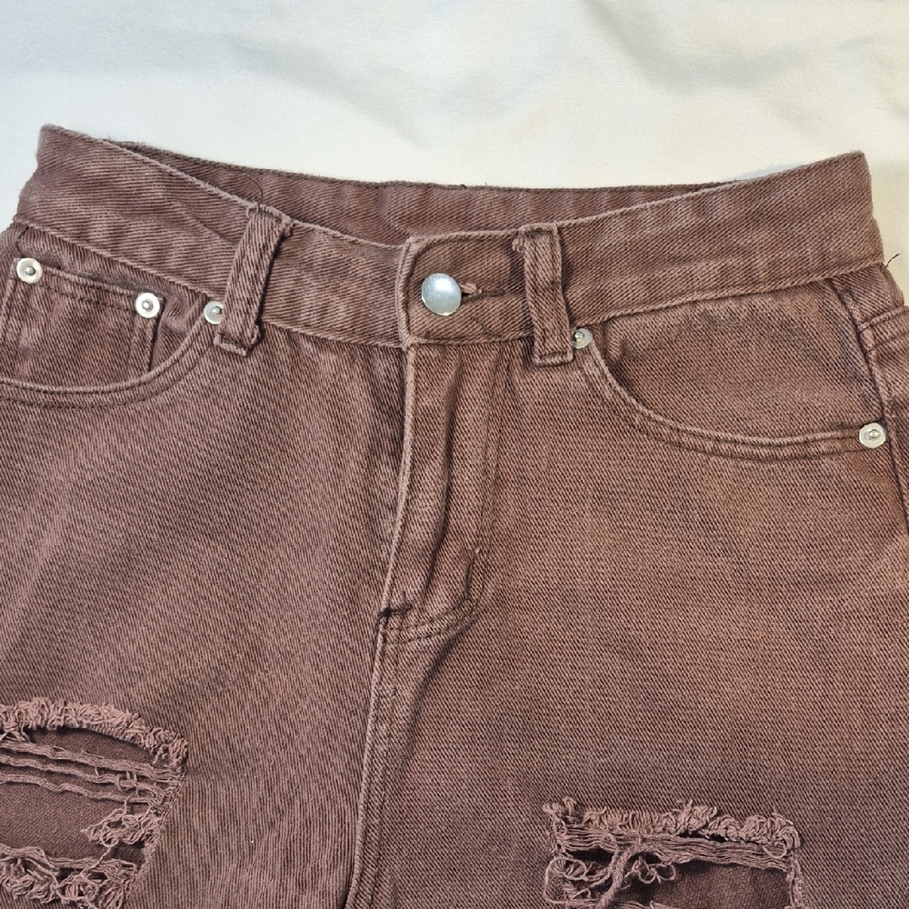 SLP Jeans, High-Rise Ripped Distressed Denim, Straight Leg, Brown, Size M